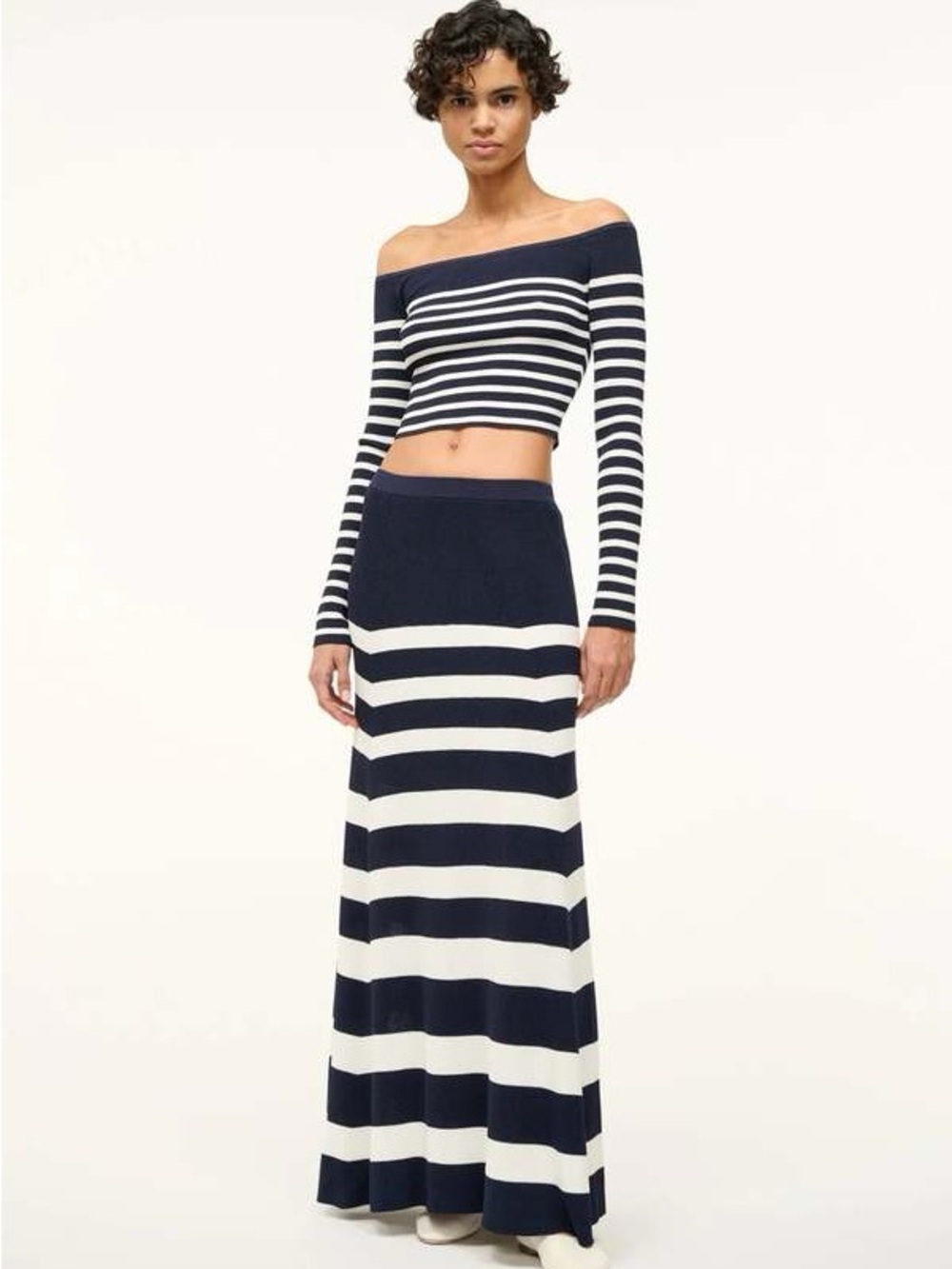 STAUD Navy and White Striped knit “swirling” Maxi Skirt